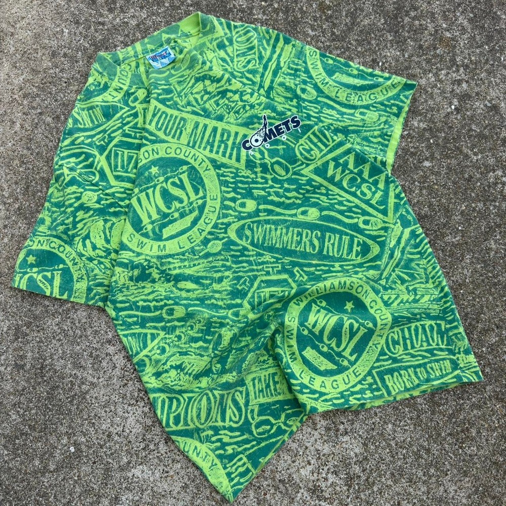 Vintage Y2K WCSL Comets All Over Print Neon Green Swim League Tee Medium (d7)